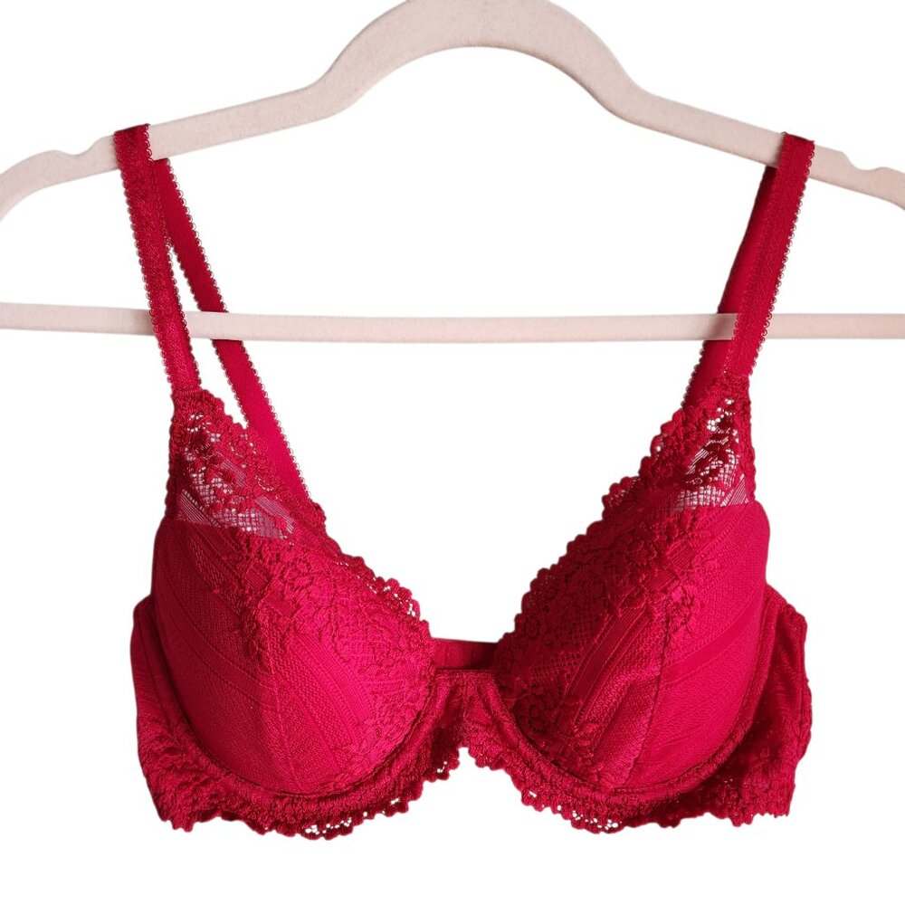 Wacoal Bra 34C Red Pink Women's Embrace Lace Plunge Underwire Back Close